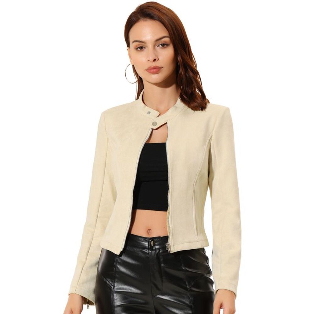 Women's Faux Suede Jacket Stand Collar Zip Up Long Sleeve Motor Biker Coat Beige